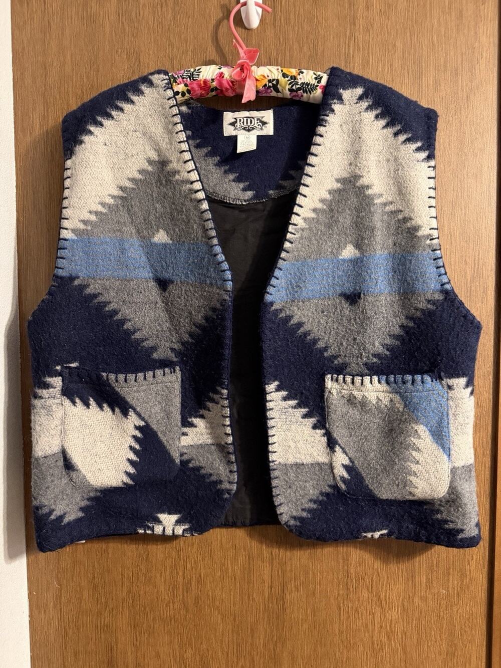 Vtg Ride Southwestern 60% wool vest geometric aztec blue gray white stitched Med